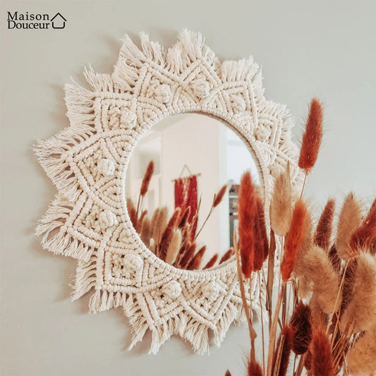Cream macrame wall mirror