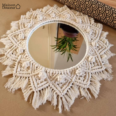 Cream macrame wall mirror