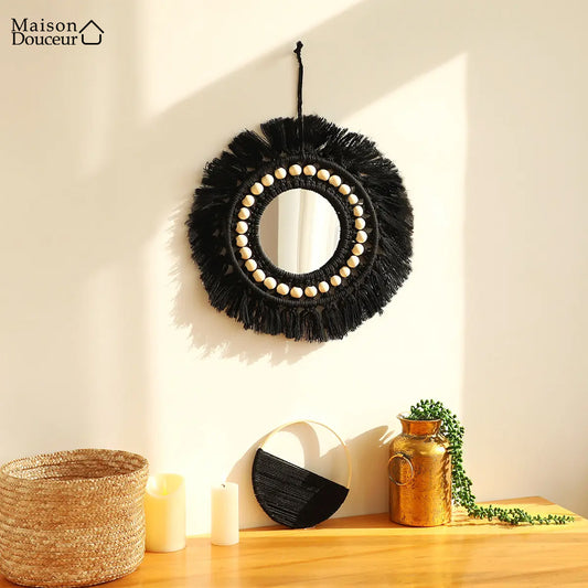 Black macrame wall mirror 